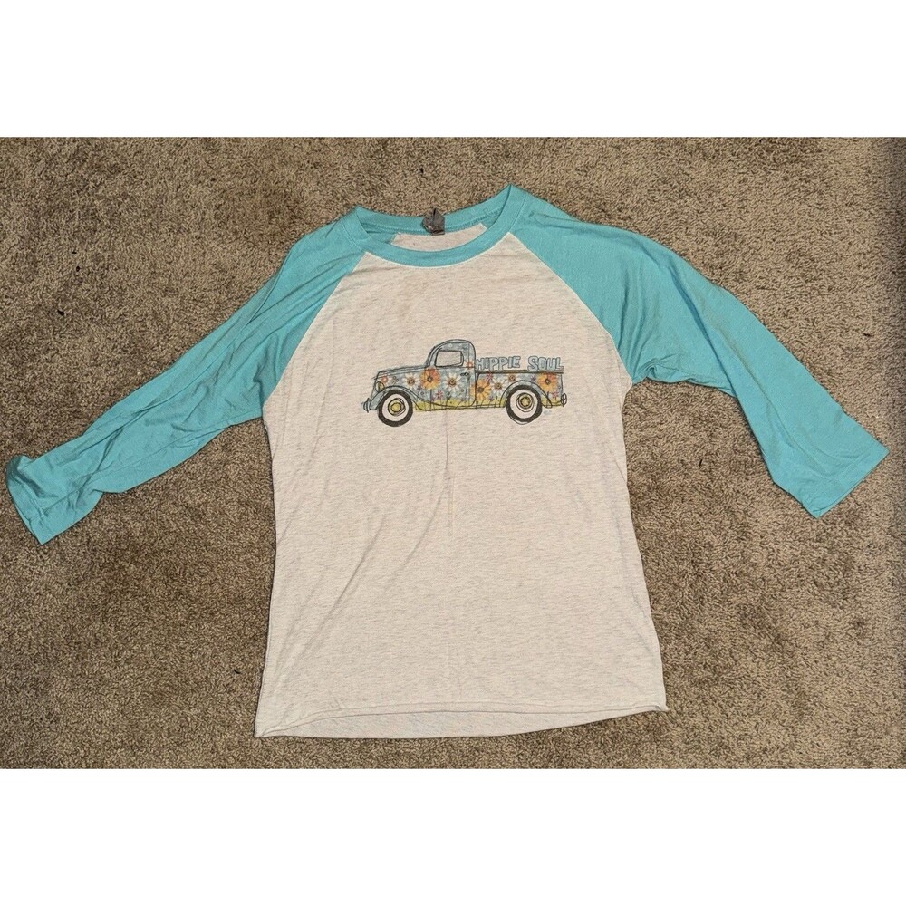 Men's White/Blue Raglan 3/4 Sleeve Graphic Print Crew Neck Hippie T-Shirt